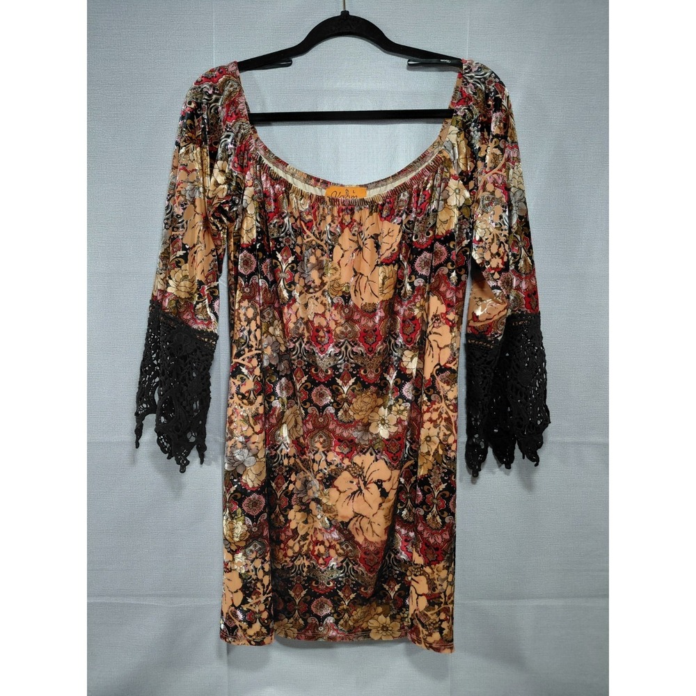 Voom by Joy Han Velvet Burnout Dress LG Velour Off the Shoulder Floral Lace